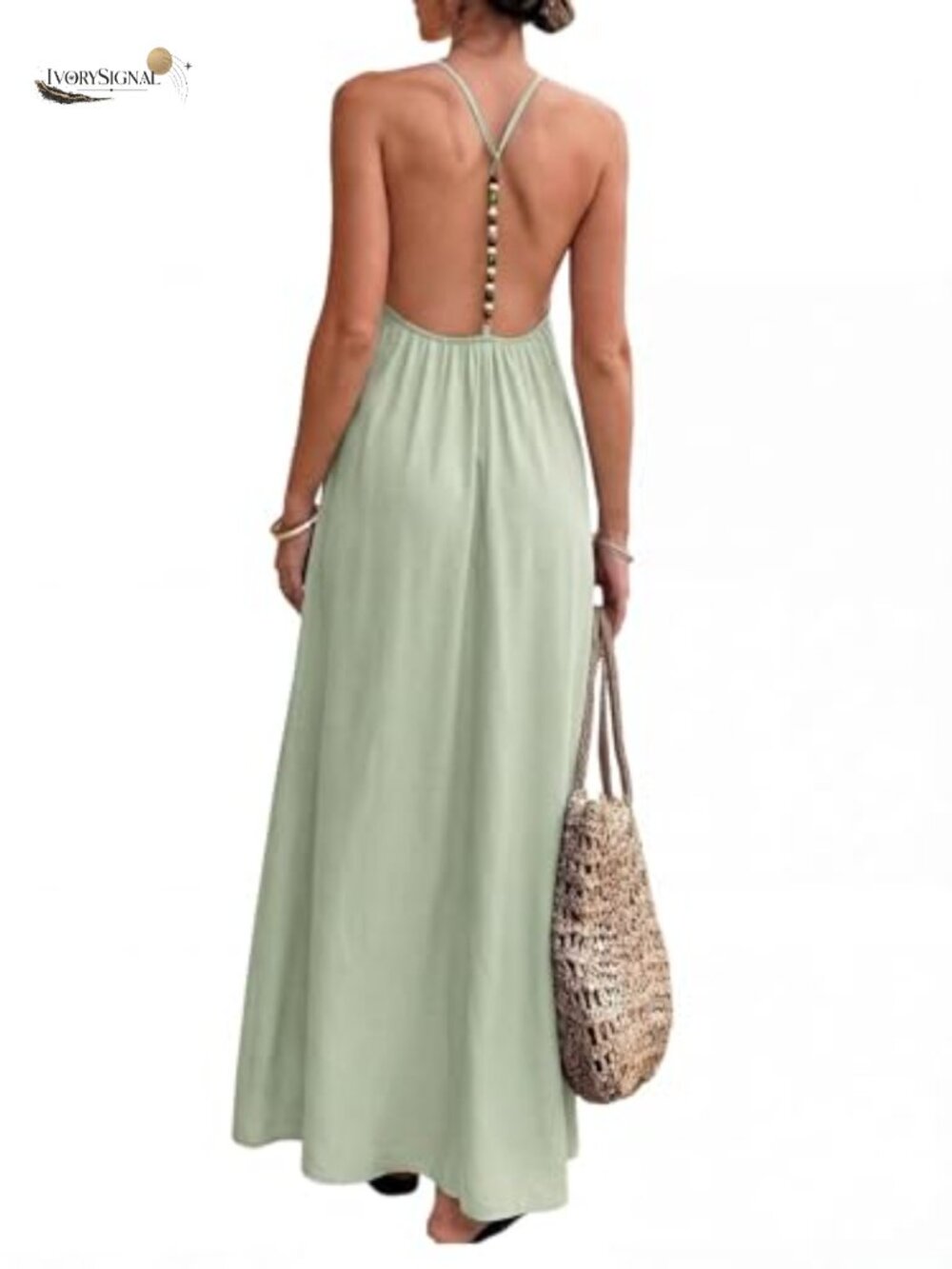 Women's Backless Cami Maxi Dress Beaded Spaghetti Strap Sundress